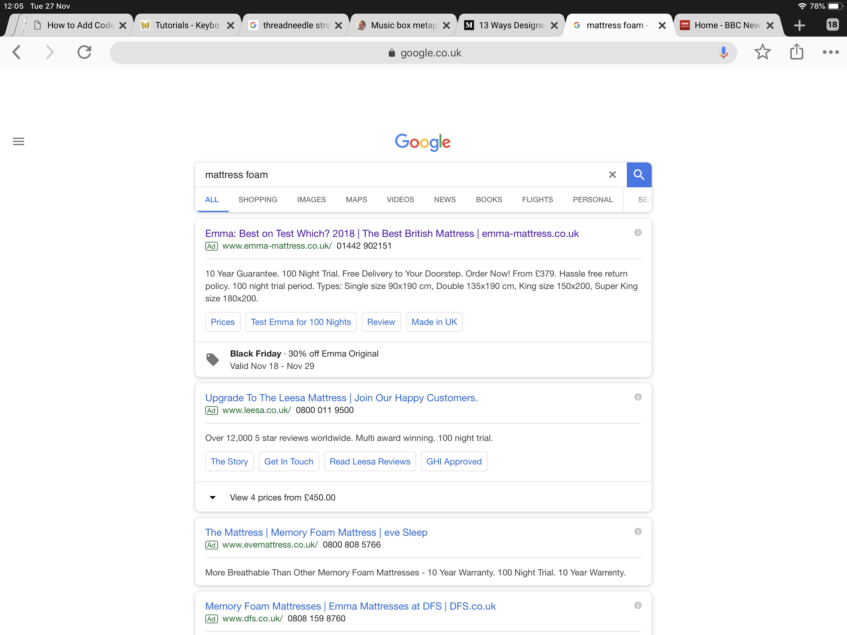 Search results page from google